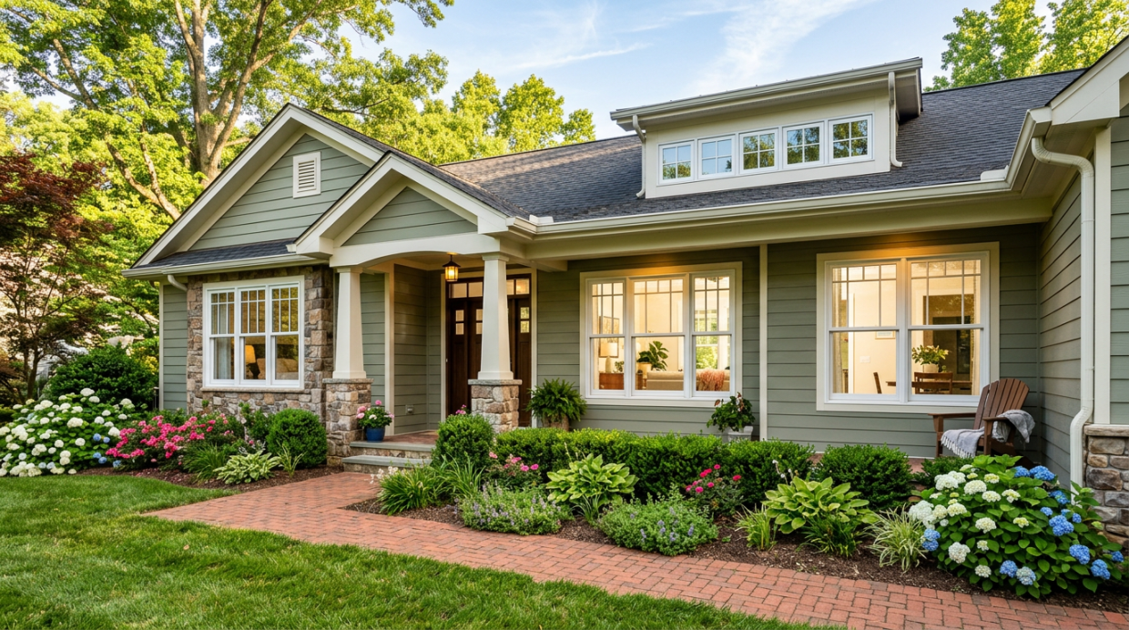 New energy-efficient replacement windows on a craftsman home in Northern Virginia