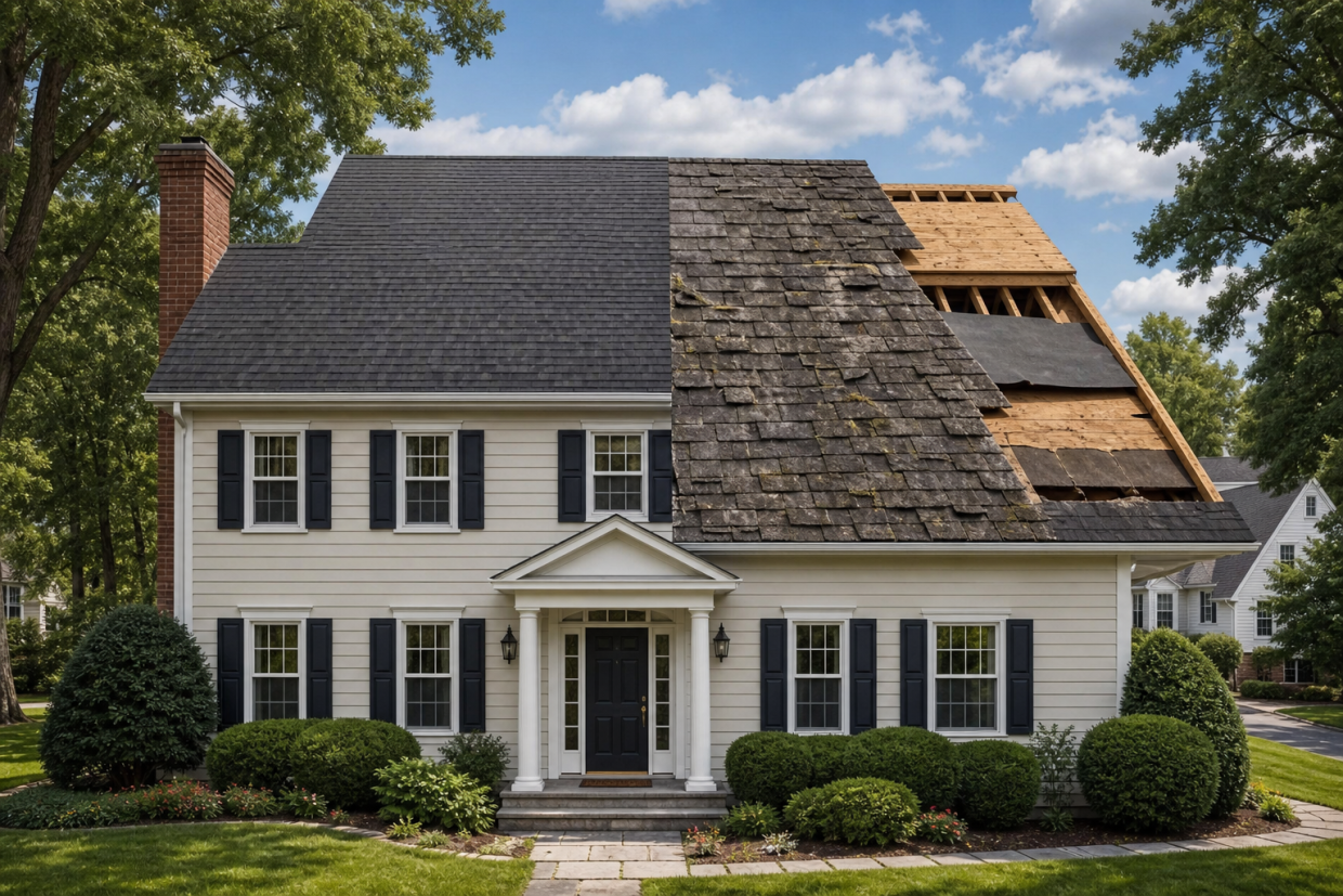 How long does a roof last in Northern Virginia - colonial home showing roof aging