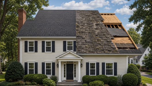 How long does a roof last in Northern Virginia - colonial home showing roof aging