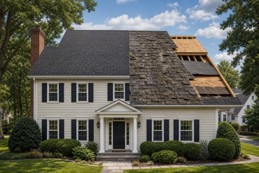 How long does a roof last in Northern Virginia - colonial home showing roof aging