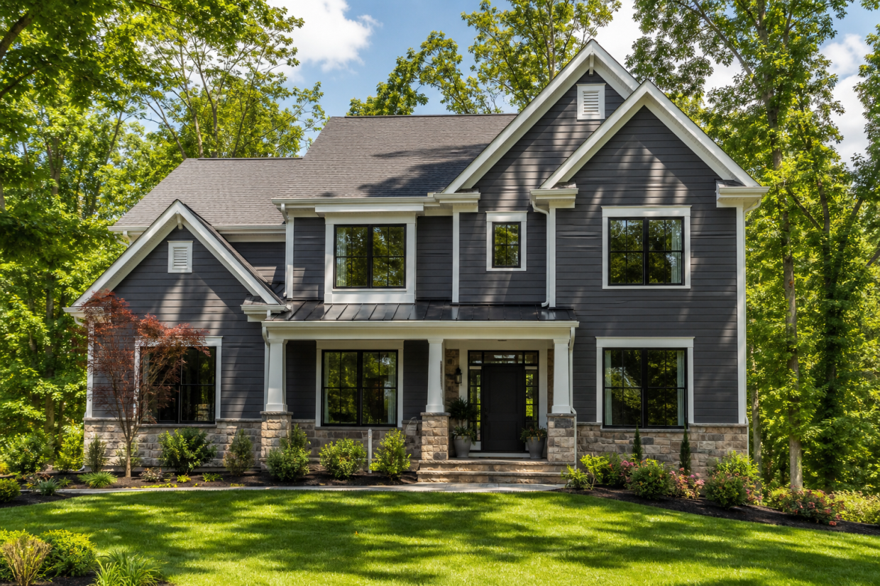 James Hardie siding colors on a Northern Virginia home featuring Iron Gray with white trim