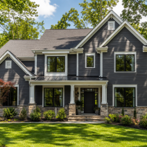 James Hardie siding colors on a Northern Virginia home featuring Iron Gray with white trim