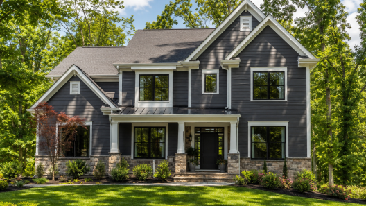 James Hardie siding colors on a Northern Virginia home featuring Iron Gray with white trim