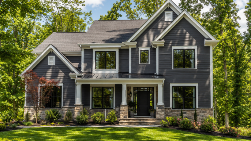 James Hardie siding colors on a Northern Virginia home featuring Iron Gray with white trim