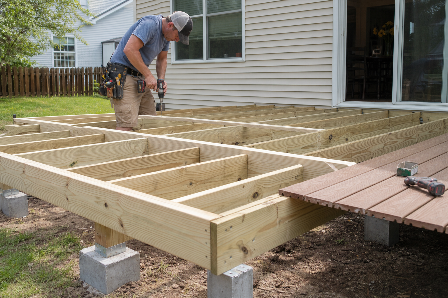 New deck installation framing with joists and concrete footings during construction