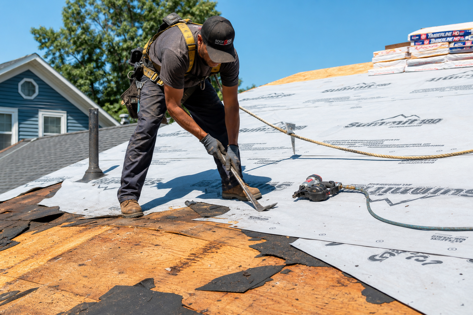 Asphalt shingle roof replacement tear-off process exposing decking and underlayment