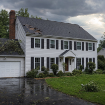Storm damage roof repair in Fairfax VA - colonial home with damaged shingles after a thunderstorm