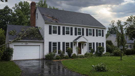 Storm damage roof repair in Fairfax VA - colonial home with damaged shingles after a thunderstorm