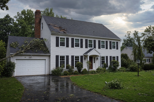 Storm damage roof repair in Fairfax VA - colonial home with damaged shingles after a thunderstorm