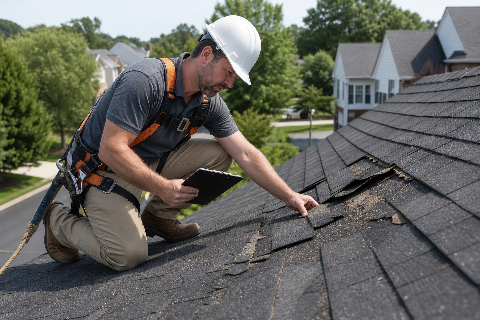 Roofing contractor inspecting storm damage on a Fairfax VA roof for an insurance claim