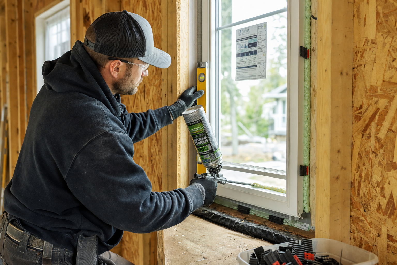 Energy efficient window installation in Ashburn VA: leveling and sealing a new window