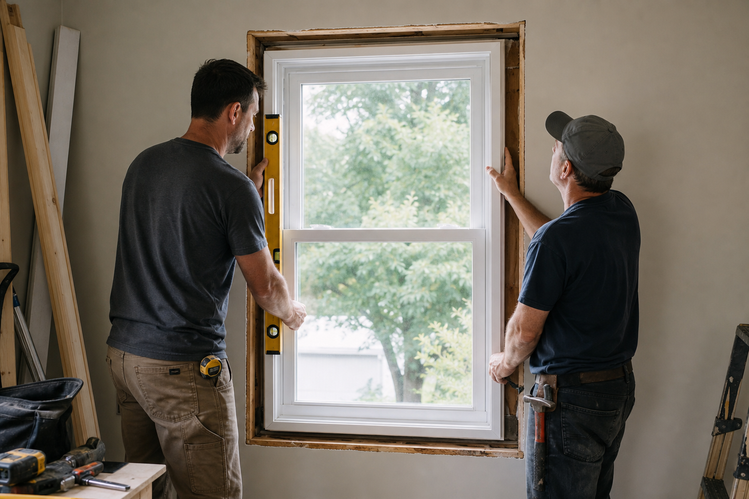 Installers fitting a new vinyl replacement window in a Northern Virginia home