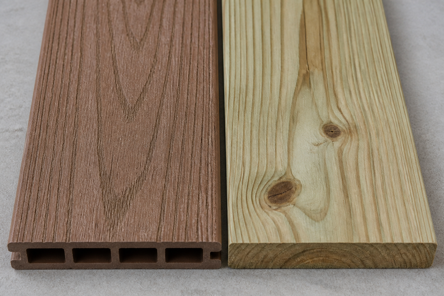 Composite versus pressure-treated wood decking boards compared close up