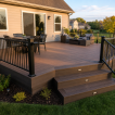 Deck cost per square foot: a newly built composite backyard deck with railings