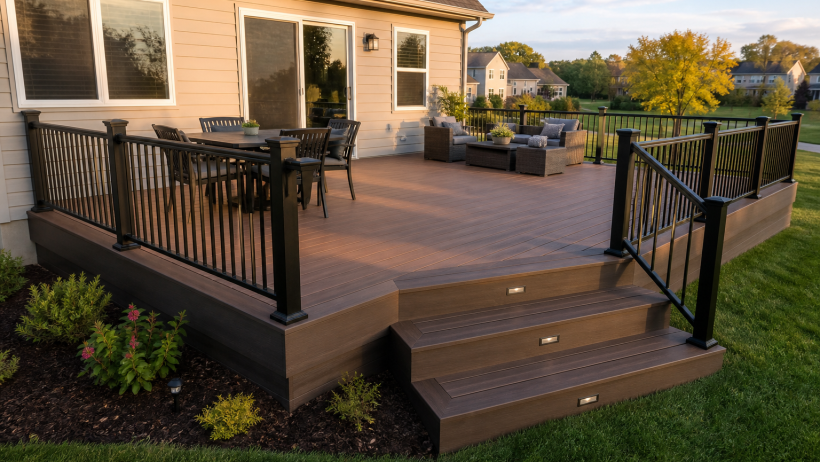 Deck cost per square foot: a newly built composite backyard deck with railings