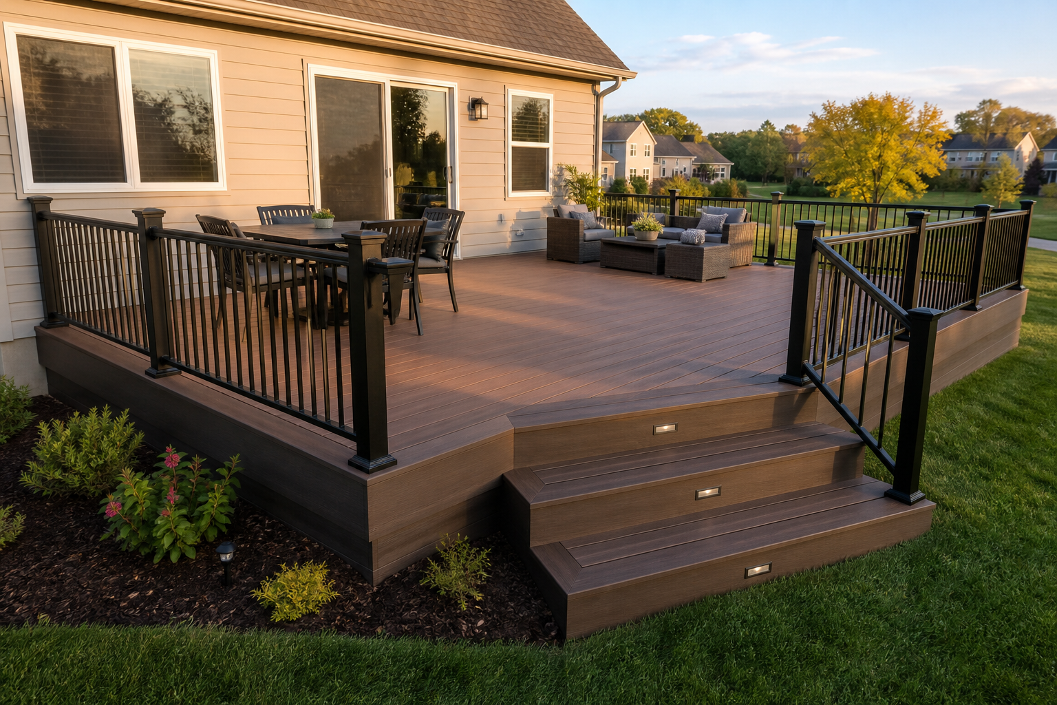 Deck cost per square foot: a newly built composite backyard deck with railings
