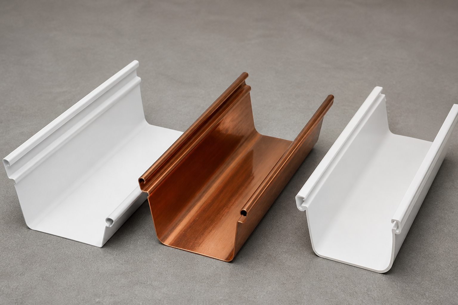 Aluminum, copper, and vinyl gutter material options for a home
