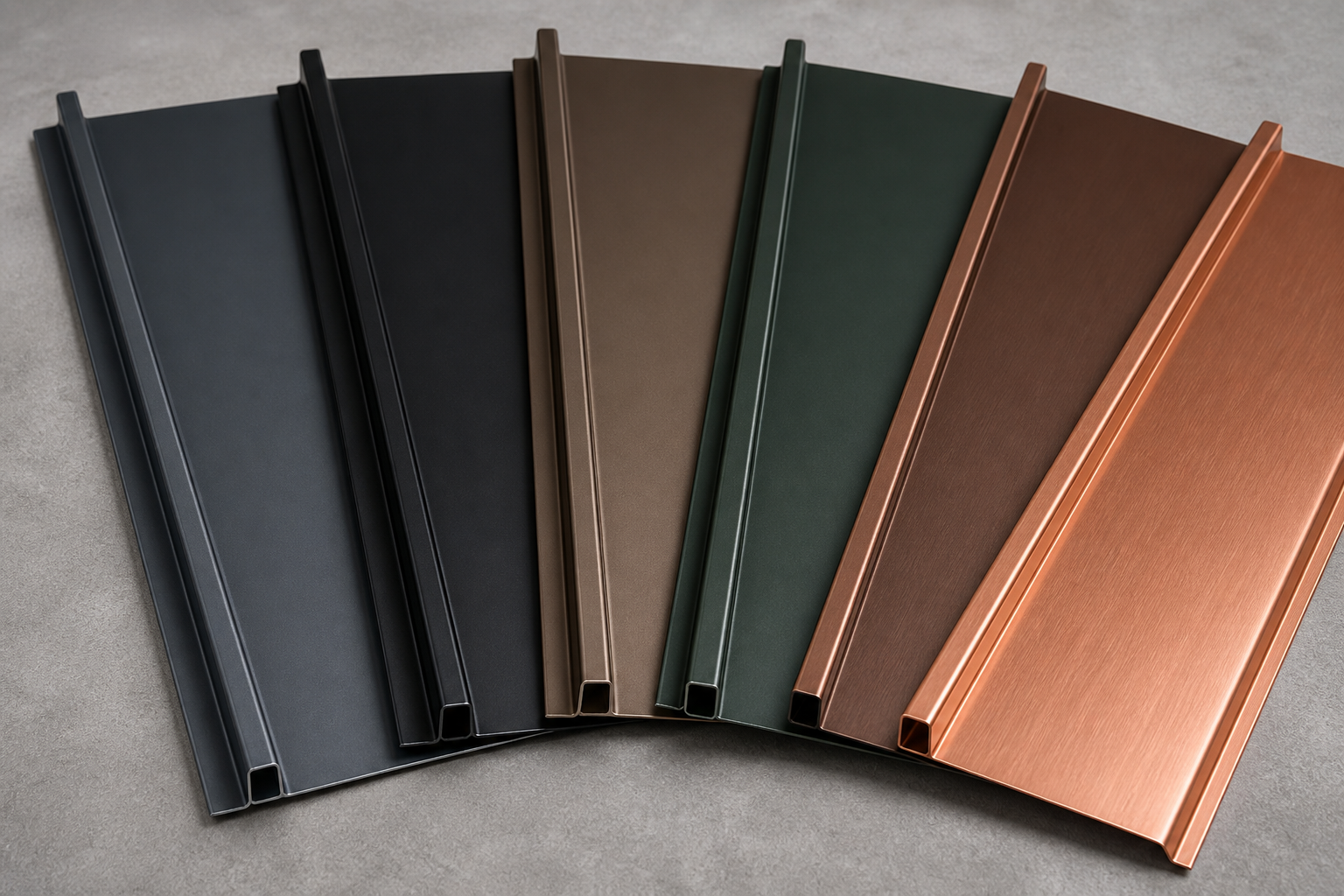 Standing seam metal roof color and material samples in gray, black, and bronze