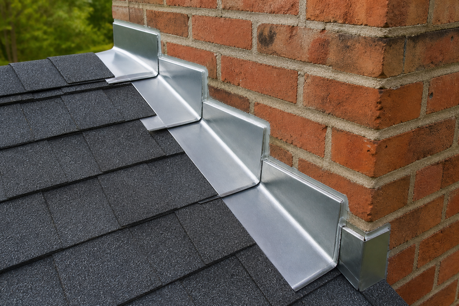 Proper roof flashing detail around a chimney during an Alexandria VA roof replacement