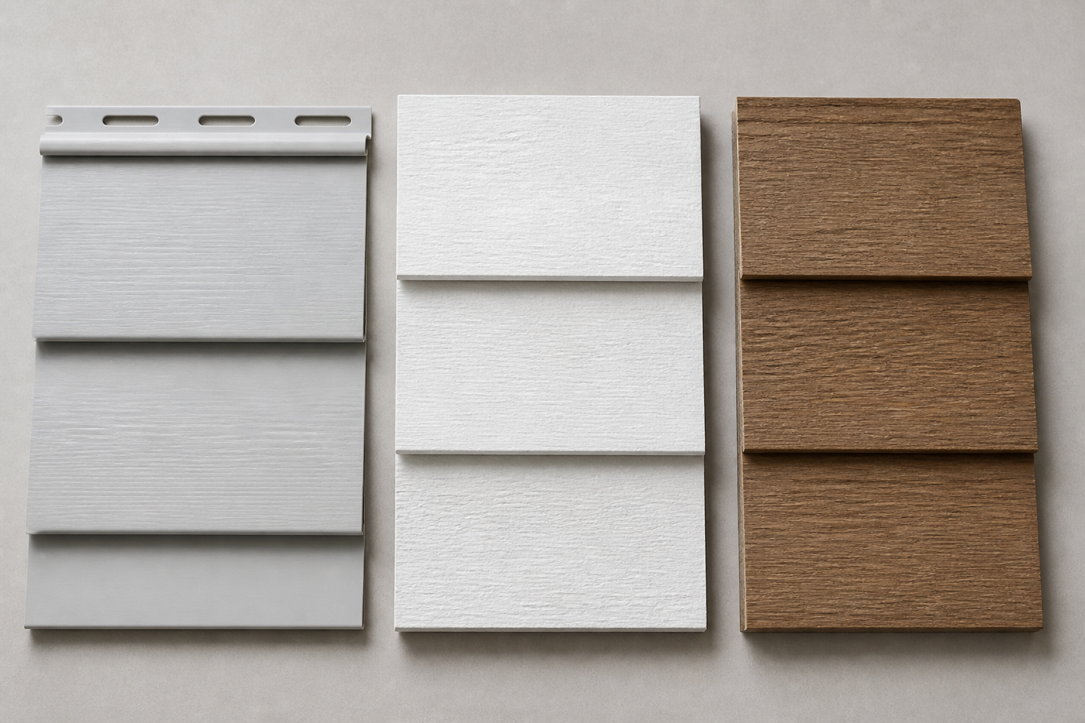 Vinyl, fiber cement, and engineered wood siding samples compared side by side